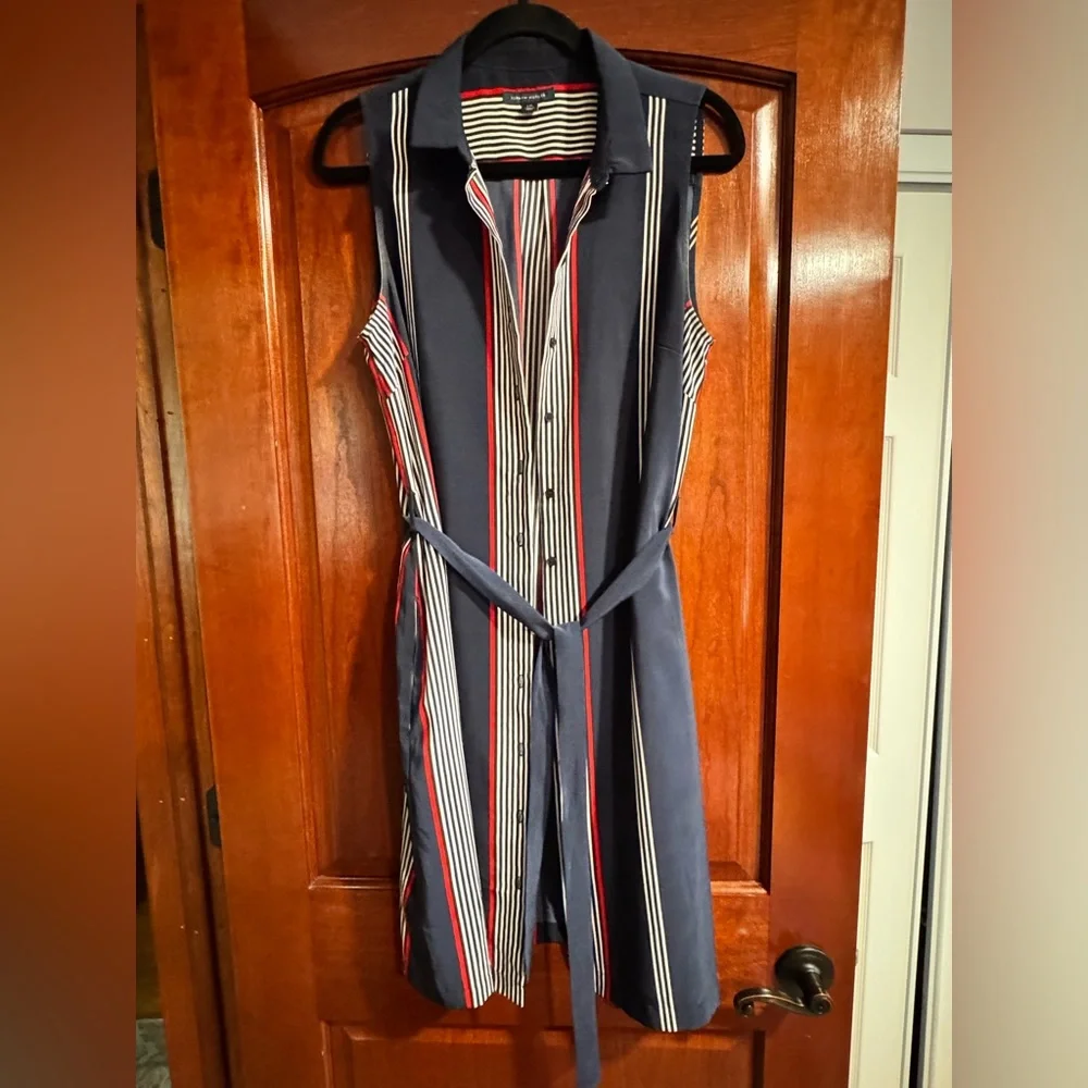 Gently used Tommy Hillfiger Sleeveless Navy & Stripe Shirt Dress with Belt - Picture 1 of 6